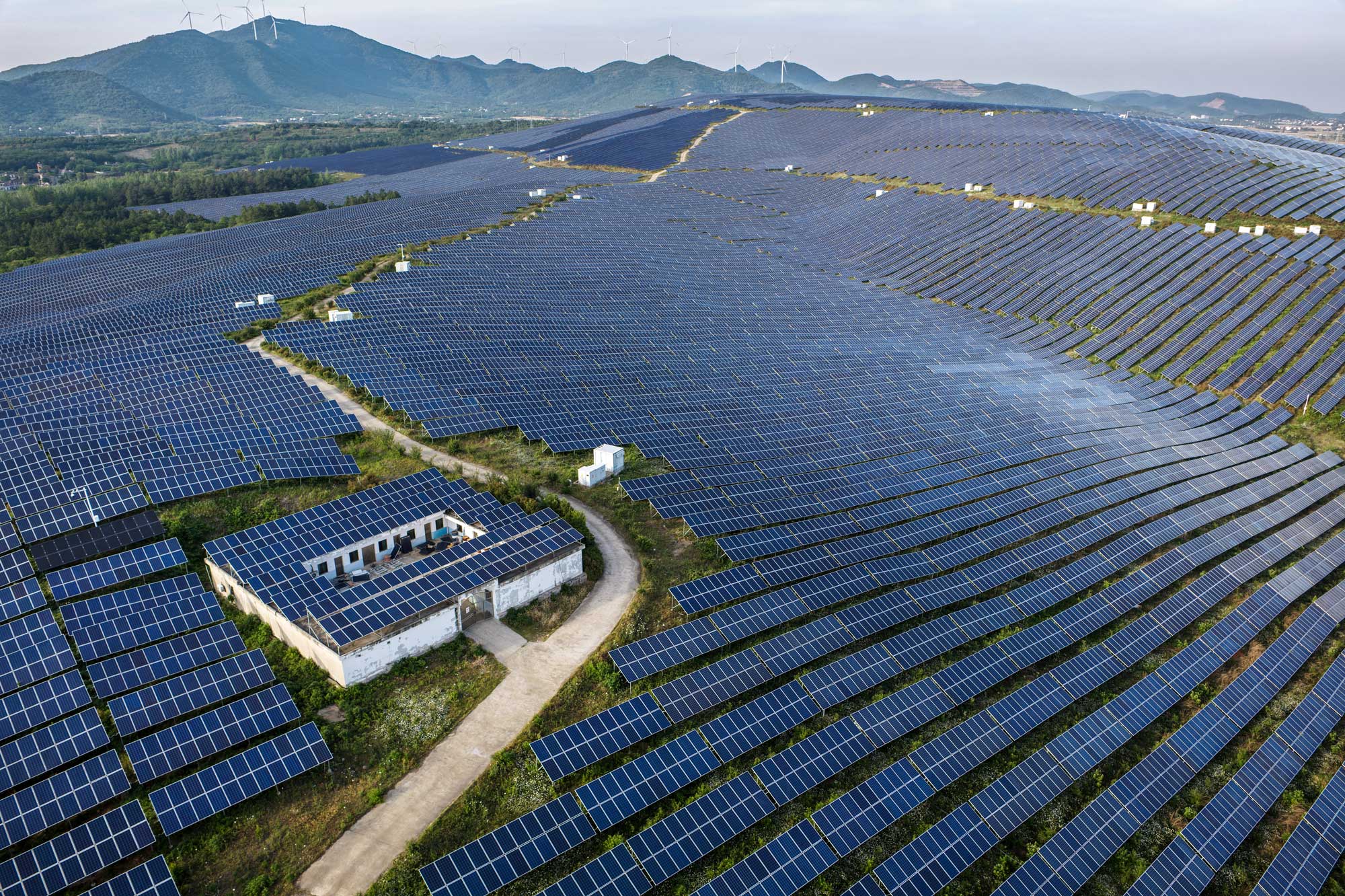 Rolling hills covered with solar panels.
