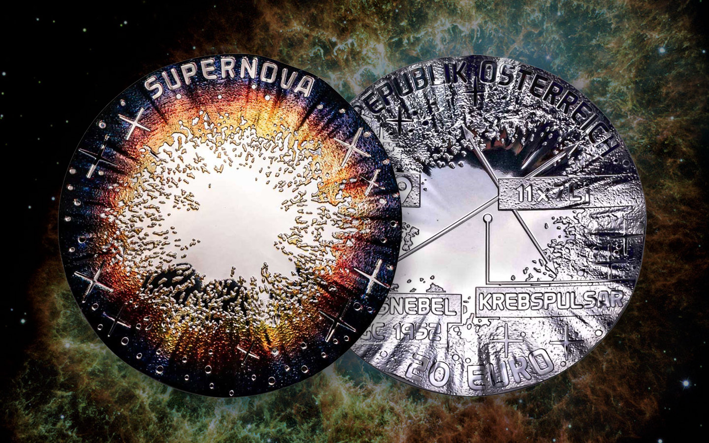 Two sides of a colorful coin depicting a stellar supernova. The background is a nebula.
