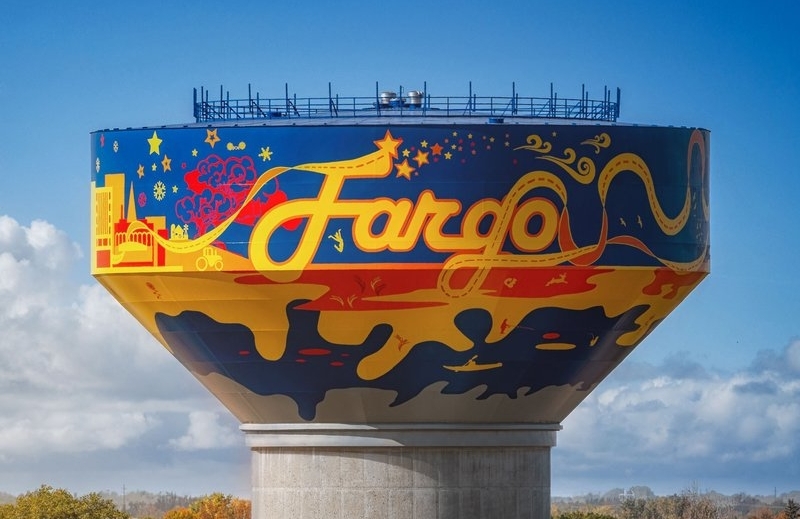 A colorful water tower that says 'Fargo'.